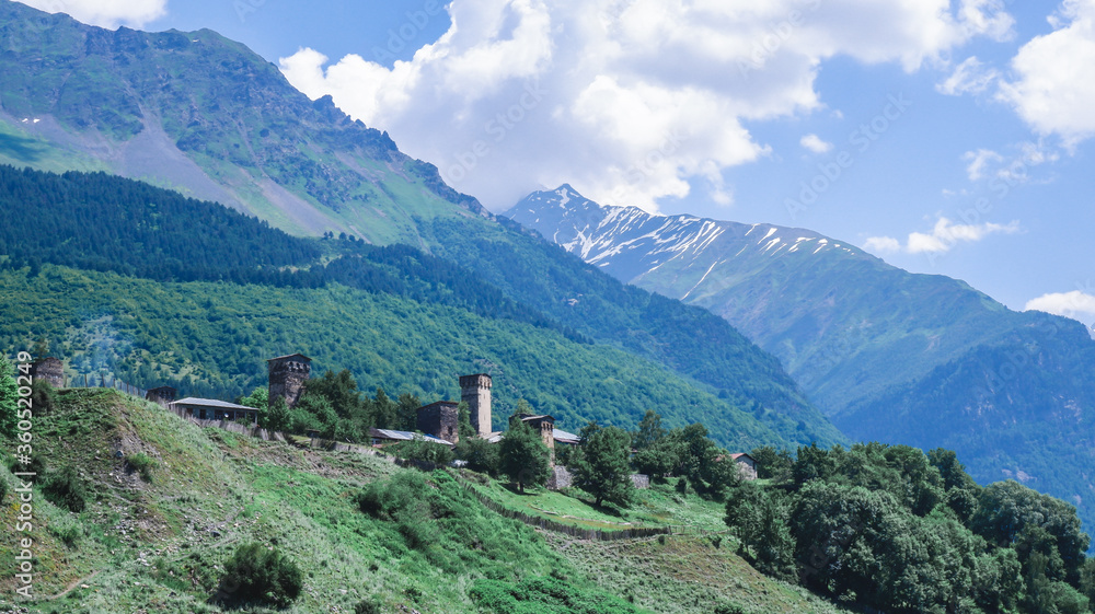 Georgian village in the mountains, Svaneti. Svan towers. An old abandoned village. Georgian village in the mountains, Svaneti. Svan towers. An old abandoned village.