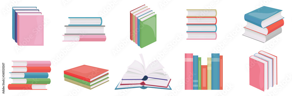 Flat books banner icons. Magazines with bookmark, history and open or closed textbook science pile of old book stack on shelf. Encyclopedia on library shelves vector isolated illustration symbol set Flat books banner icons. Magazines with bookmark, history and open or closed textbook science pile of old book stack on shelf. Encyclopedia on library shelves vector isolated illustration symbol set