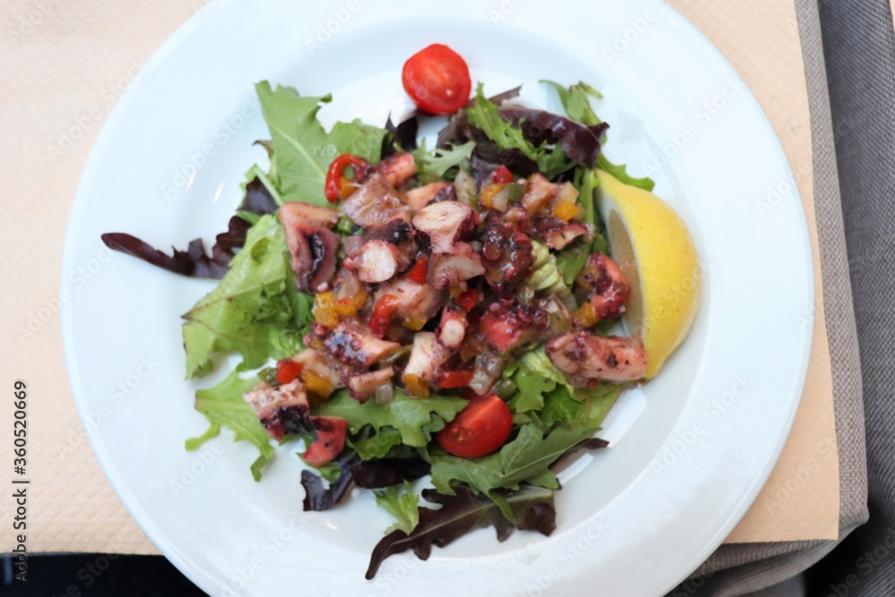 Salade de poulpe avec tomates cerises et salade verte dans une assiette blanche Salade de poulpe avec tomates cerises et salade verte dans une assiette blanche