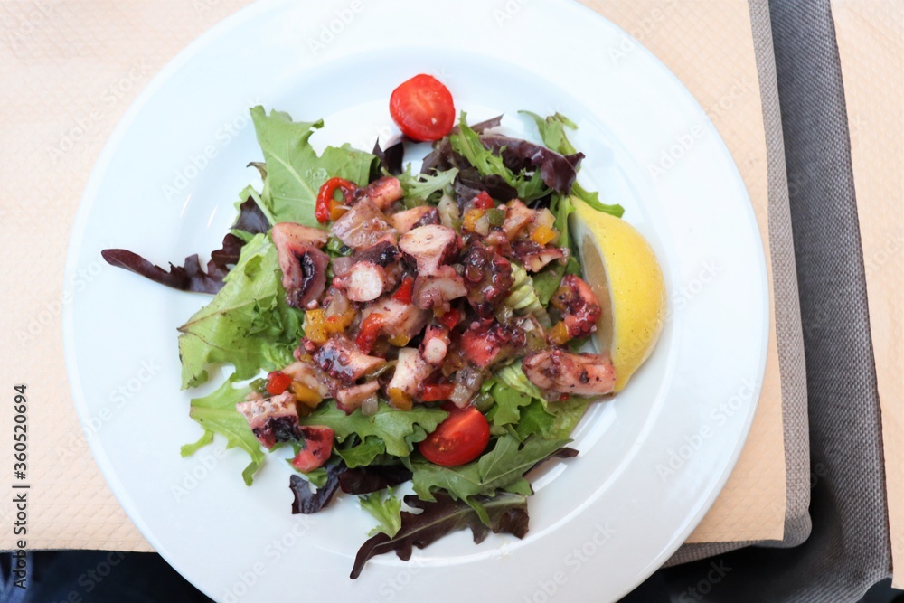 Salade de poulpe avec tomates cerises et salade verte dans une assiette blanche Salade de poulpe avec tomates cerises et salade verte dans une assiette blanche