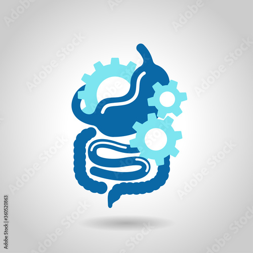 Digestive laxative system icon - human stomach with gear box mechanicm inside - for gastro medical drugs packaging  - isolated vector emblem 