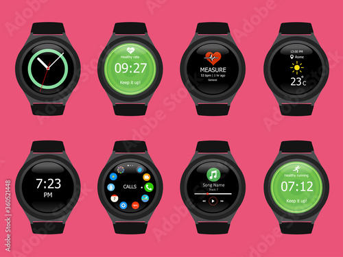 Smart watches wearable collection computer new technology. Vector Illustration. Pink background.