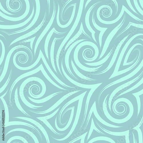 Vector turquoise seamless pattern of spirals and curls for decoration and printing on fabric on a blue background. Texture of swirl or sea waves for wrapping paper and clothes.