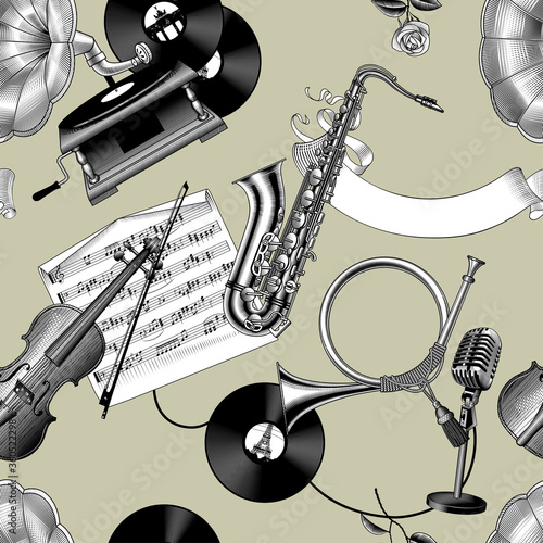 Seamless pattern background with engraved vintage drawing of musical instruments, gramophone, vinyl records and vintage audio equipment
