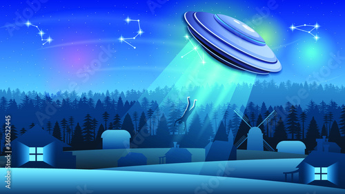 Abstract Sky Forest Background Silhouette With Flying Sauce Ufo Kidnapping Person NIght Vector Design Style