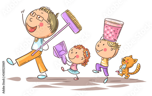 Happy father and kids doing housework, children helping parents