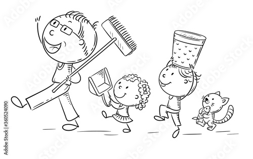 Happy father and kids doing housework, children helping parents