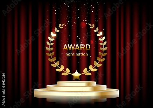 Background with red curtains, Golden podium, the text of the award.