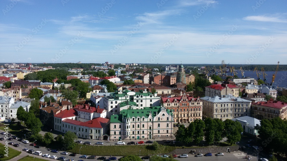 View of houses with coal colored roofs in Vyborg, cityscape
