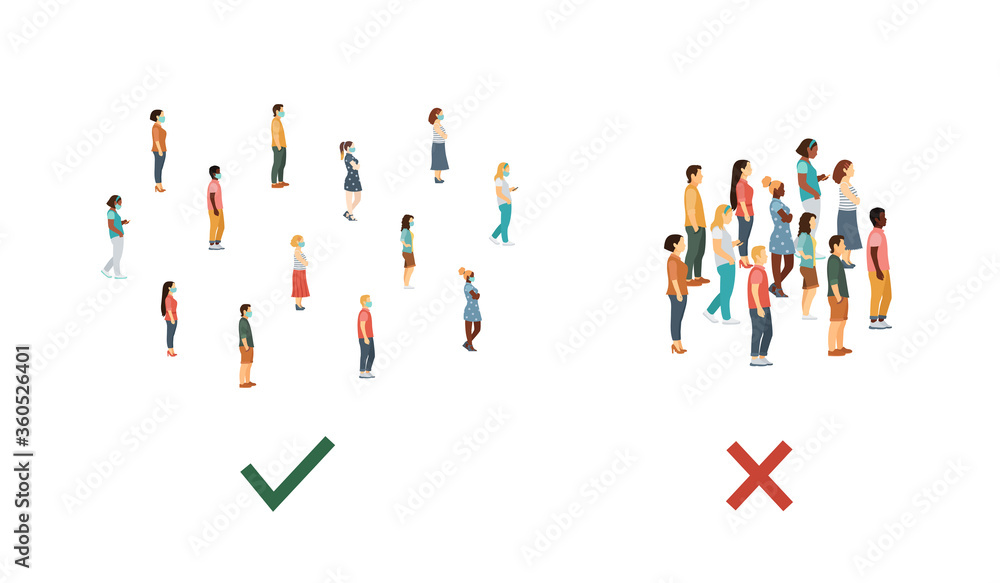 Crowd of people in medical masks at a safe distance or no distance. flat vector illustration Crowd of people in medical masks at a safe distance or no distance. flat vector illustration