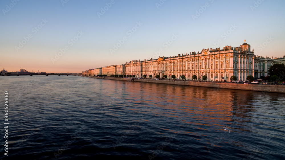 View Hermitage museum. Neva river and Winter Palace. White night. Unique urban landscape center Saint Petersburg. Central historical sights city. Top tourist places in Russia. Capital Russian Empire