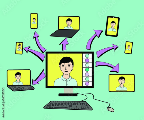 Work and study at home, remotely via the Internet via video. Ability to communicate via mobile devices, computers, tablets, phones. Ability to stay in touch during quarantine. Vector illustration.