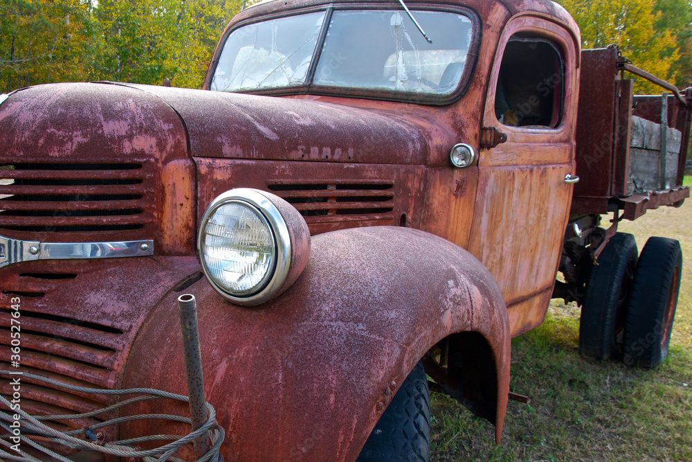 Close up view of the abandoned truck in the field in autumn.