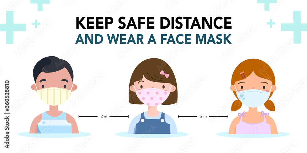 Fototapeta premium Coronavirus prevention with social distancing and wear a face mask. Children wearing fabric masks and keep safe distance at school to protect from Covid19 pandemic. vector illustration