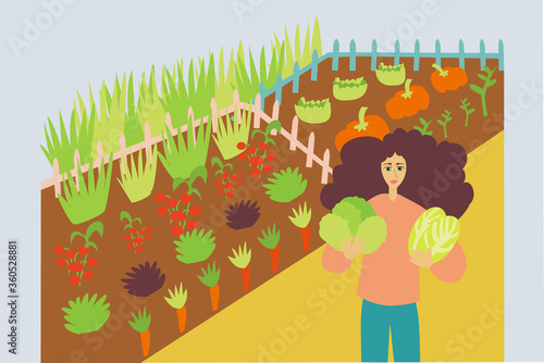 Illustration of woman cultivating organic and fresh vegetables in a farm