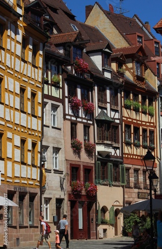 Old town street with traditional half-timbered houses in Nuremberg Germany