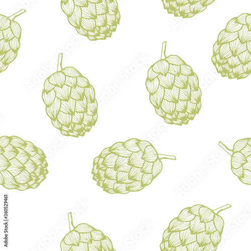 Seamless pattern with green hop of beer on white background. Vector hand drawn illustration in engraving style. Good for fabric print, wrapping paper, wallpapers, cards.