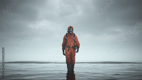 Man Hazmat Suit with Gas Mask and Breathing Apparatus Walking Towards in Water with Black Sand 3d illustration 3d render   photo