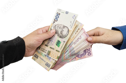 two business women hands with Given notes isolated on a white background. The concept of corruption. Give or take money.