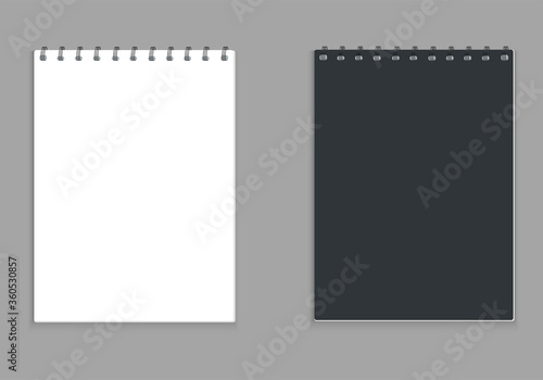 Realistic style notebook layout. Two types of teradi with a black cover and white, fastening a spiral, collect sheets. Blank notepad template for business, office writing or education. Vector image.
