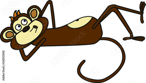 A cute cartoon monkey lies on its back, looks up and whistles a melody. Isolated on a white background.
