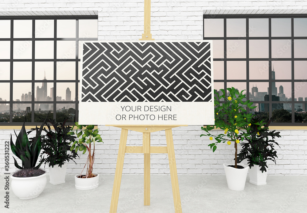 Horizontal Poster Easel Stand Mockup with Contemporary Interior Stock