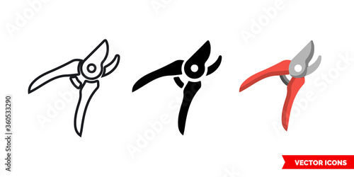 Secateurs icon of 3 types. Isolated vector sign symbol.