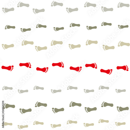 Footmark in opposite direction to the crowd. Red track against the current. Symbol for courage, individuality, diversity or being an outsider. Vector on white background.
