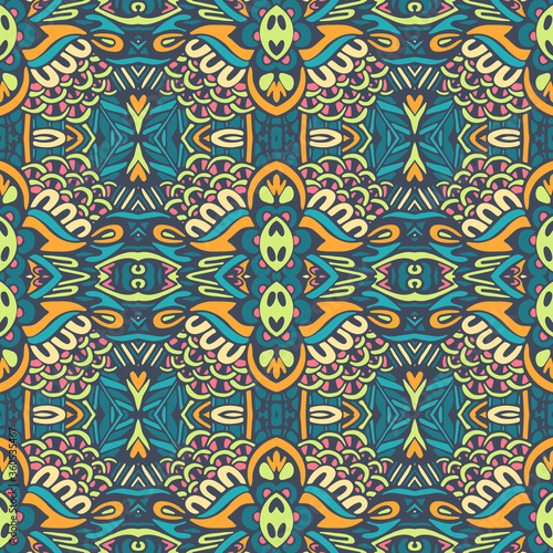 Vector seamless pattern ethnic tribal geometric psychedelic colorful print. Grunge decor