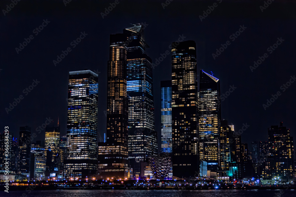 Winter cruise . New York City skyline by night. View from Hudson river, New York, USA, America. Winter cruise . New York City skyline by night. View from Hudson river, New York, USA, America.