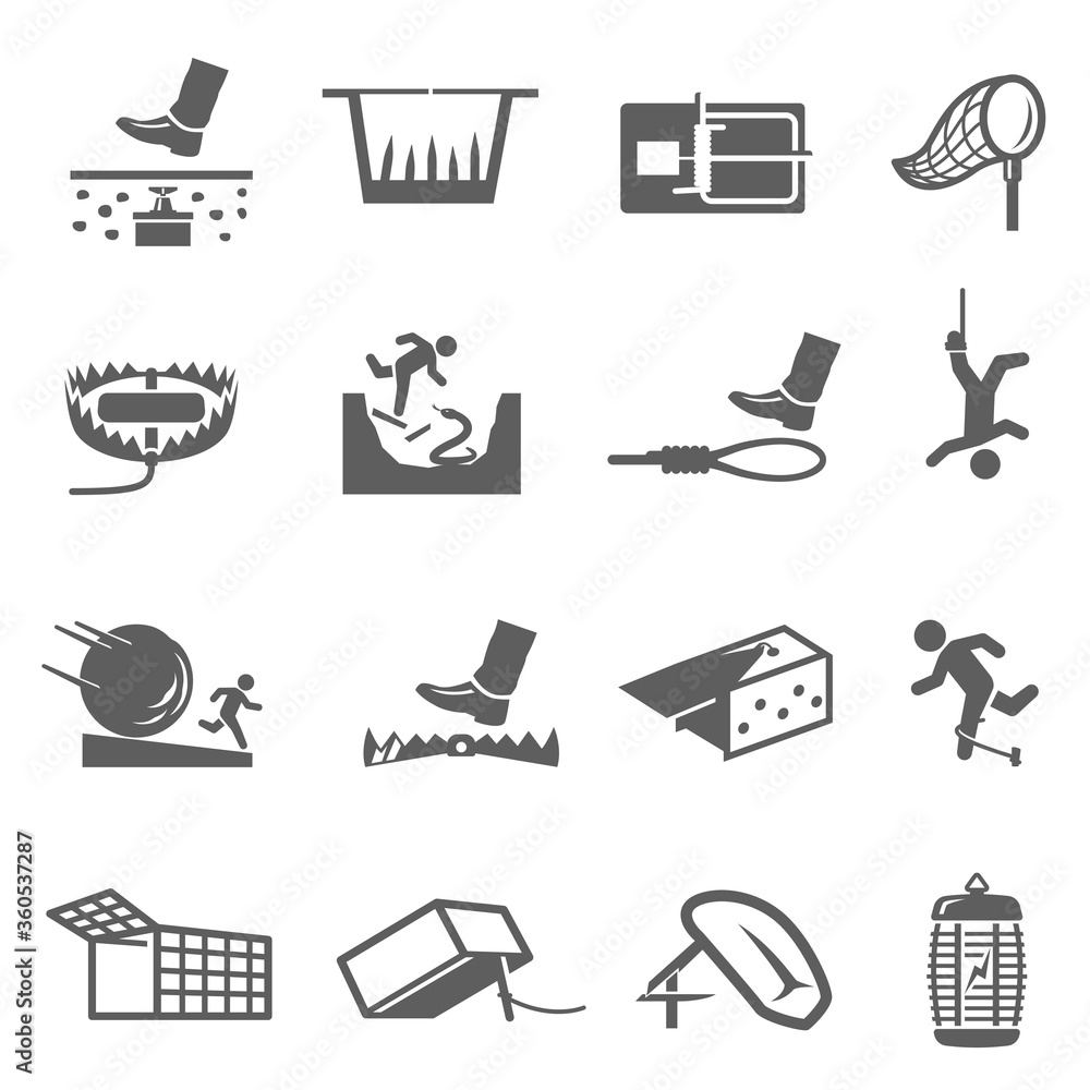 Traps, hunting, poaching line and bold icons set isolated on white. Business risk and danger pictograms. - obrazy, fototapety, plakaty 