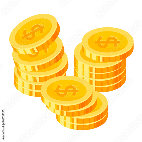 Gold coins stacks. Piles of dollars. Cash. Round metal money. Disc shaped currency. Wealth, treasure.