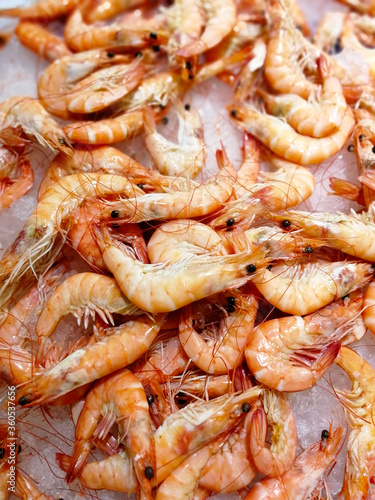 Fresh Shrimps on ice. Seafood abstract background and texture.