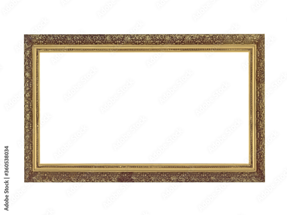 Wooden frame for paintings with gold patina. Isolated on white Wooden frame for paintings with gold patina. Isolated on white