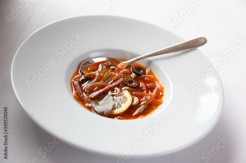 Meat solyanka Russian soup photo