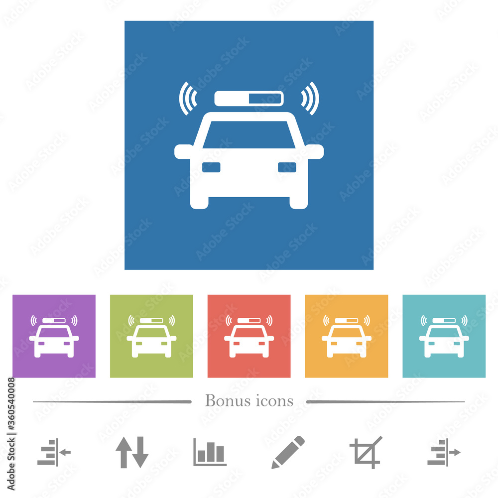 Flashing police car flat white icons in square backgrounds Flashing police car flat white icons in square backgrounds