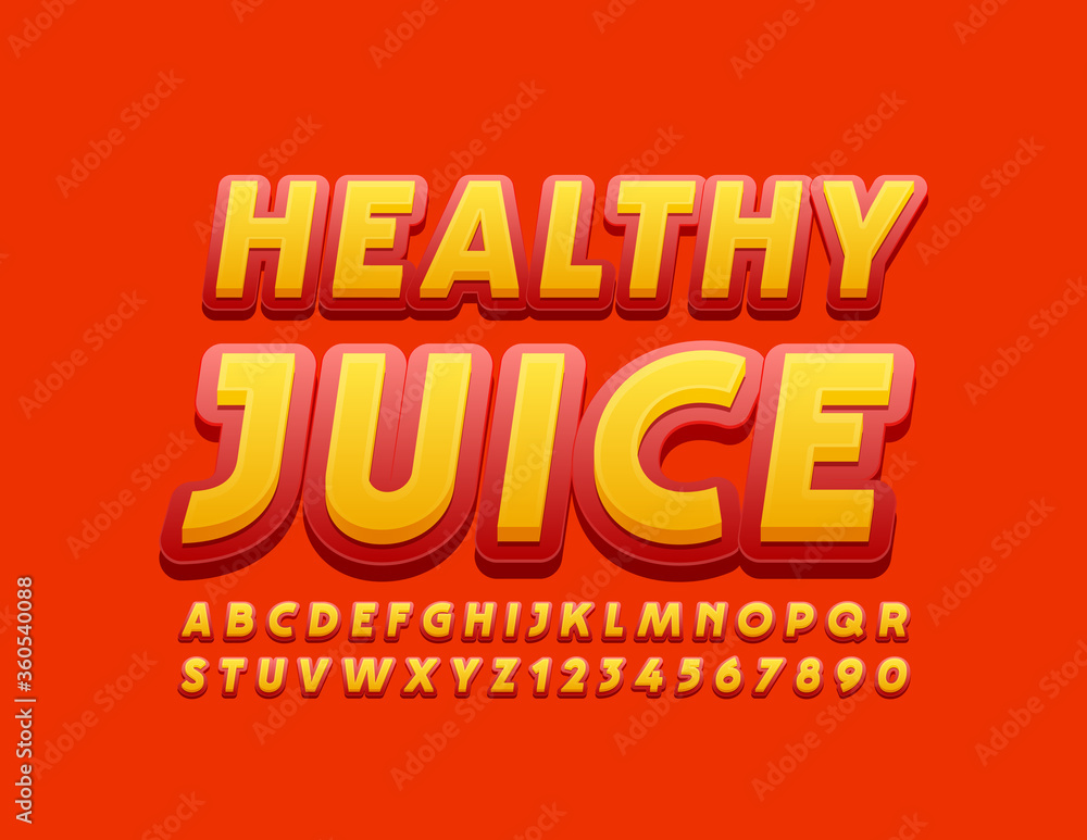 Vector tasty banner Healthy Juice with Red and Yellow bright Font. Elegant Alphabet Letters and Numbers