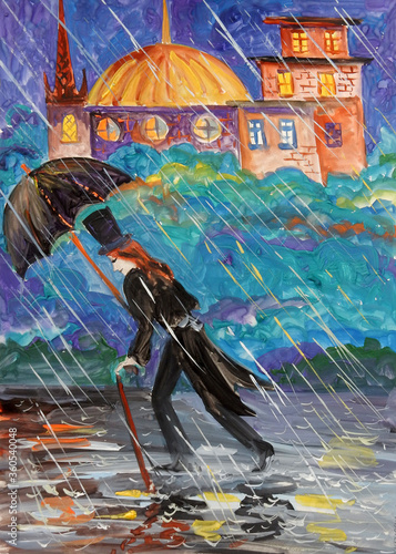 A man in a black tailcoat and top hat under a black umbrella walks in the rain against a strong wind