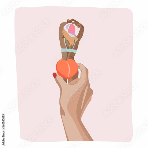 Hand with peach. Stylish sun-tanned lady dressed in trendy swimsuit and in a baseball cap standing backwards. Hand drawn colored illustration. T-short print.