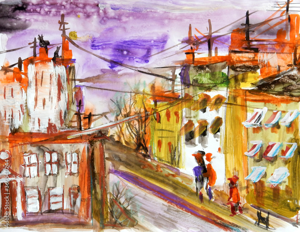 abstract watercolor drawing of the old town in red yellow tones