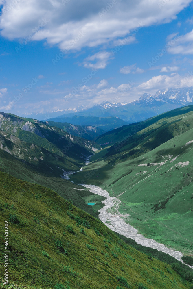 Green valley view from above. Georgian mountains, Svaneti. Adishi river valley on the way to Ushguli.