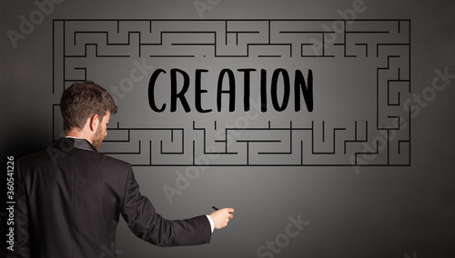 businessman drawing maze with CREATION inscription, business education concept