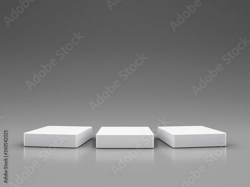 Empty studio light background and three white stand displays or shelf for showing or design concept. 