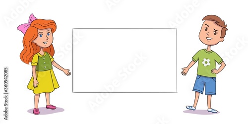 Smiling girl and boy pointing hands on blank empty banner
