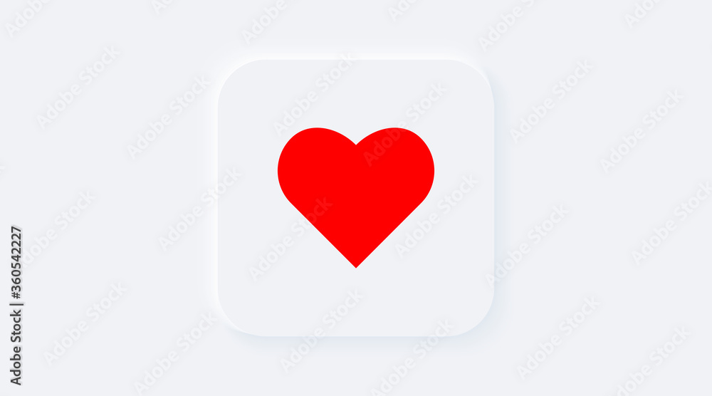 Bright white gradient square button with red heart shape. Internet symbol like on a background. Neumorphic effect icon. Shaped love figure in trendy soft 3D style