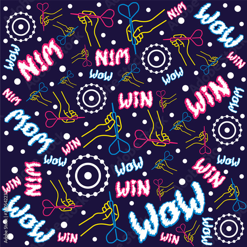 Seamless flat neon pattern. A linear hand holds a dart and aims at the target. Funny lettering. Concept for print or web use. On a dark blue background. (ID: 360542237)