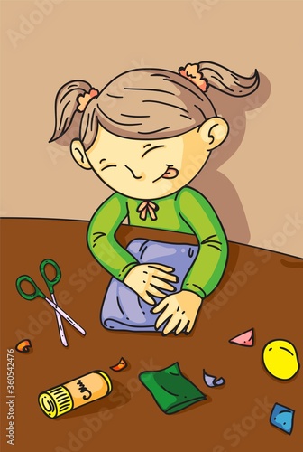 Cute girl cut paper craft, creating picture at masterclass