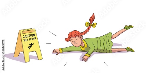 Teenage girl falling near Caution wet floor yellow sign