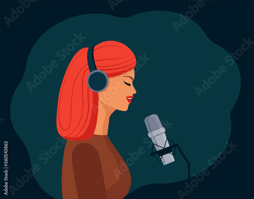 A beautiful girl with headphones sings into the microphone and records a podcast, blog, or song. Vector illustration.