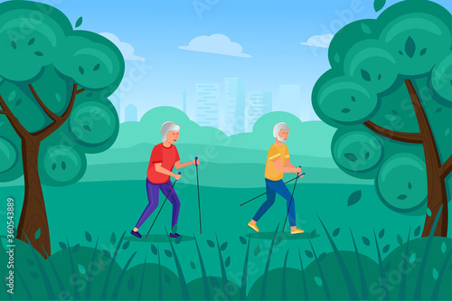An elderly man and woman are engaged in Hiking in the Park. Concept of leisure, active lifestyle, outdoor for pensioners.  Nordic walking for health. Vector illustration.